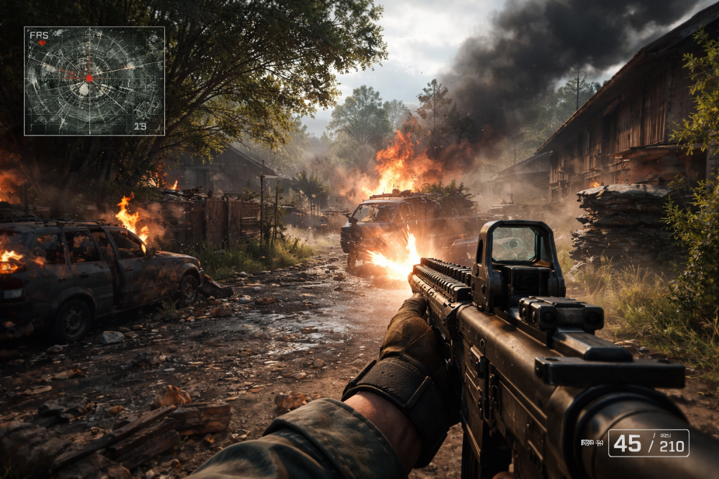 Desktop PC setup showing a game mid-combat, with an FPS counter and minimap visible in the HUD on a 1440p monitor.