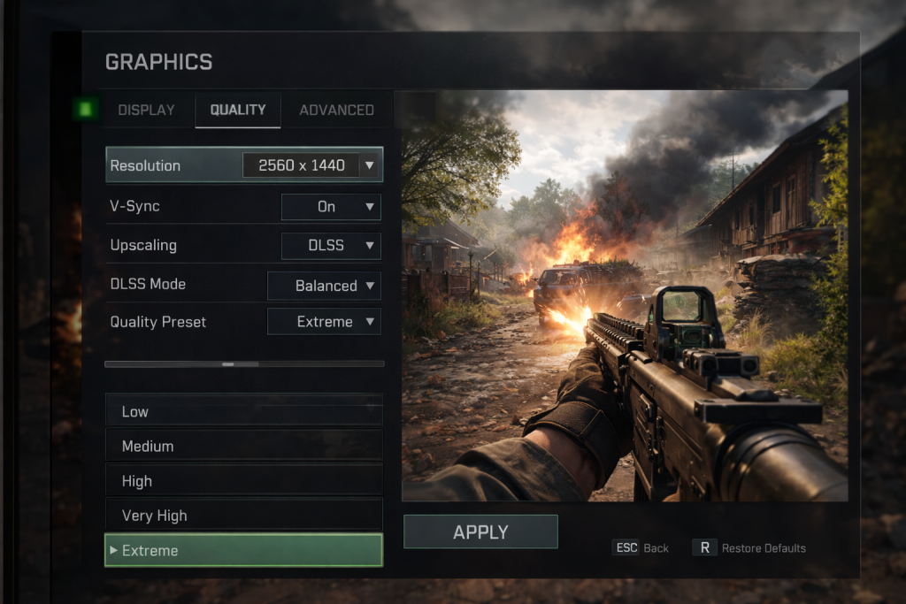 PC game graphics settings menu open on screen, showing resolution, V-Sync, upscaling, and quality presets beside a live preview.