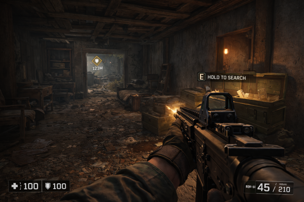 First-person exploration scene on PC, with a clear waypoint marker and readable UI elements during indoor movement and looting.