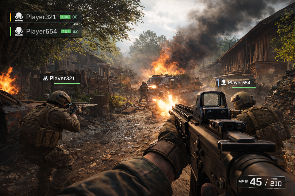 PC co-op gameplay scene with two player characters in combat, showing teammate health bars and voice chat indicators in the HUD.