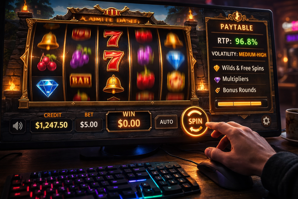 Slot game reels mid-spin beside a paytable screen showing RTP and volatility notes, with a player hand near the spin button