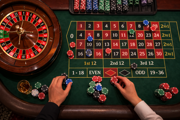 Overhead view of roulette wheel and betting layout, with chips placed on numbers and even-money areas under neutral lighting