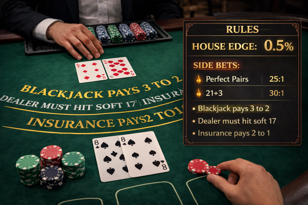 Blackjack table scene with dealer and player cards, small bet chips, and a rules panel highlighting house edge and side bets