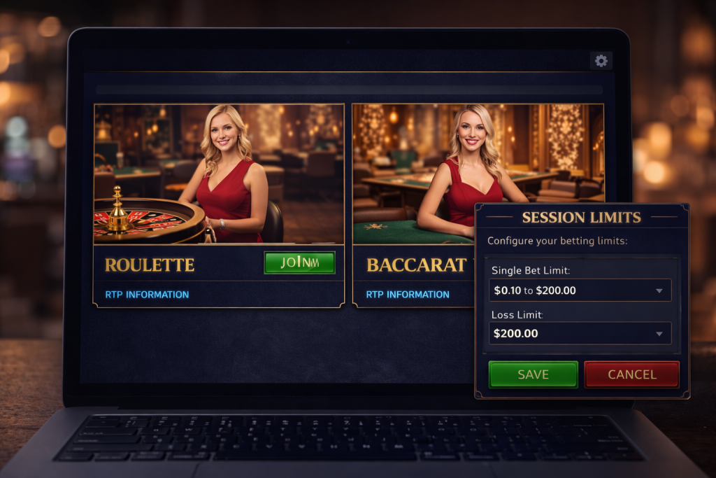Online live dealer lobby on a laptop, showing roulette and baccarat tables with RTP info links and session limit settings menu