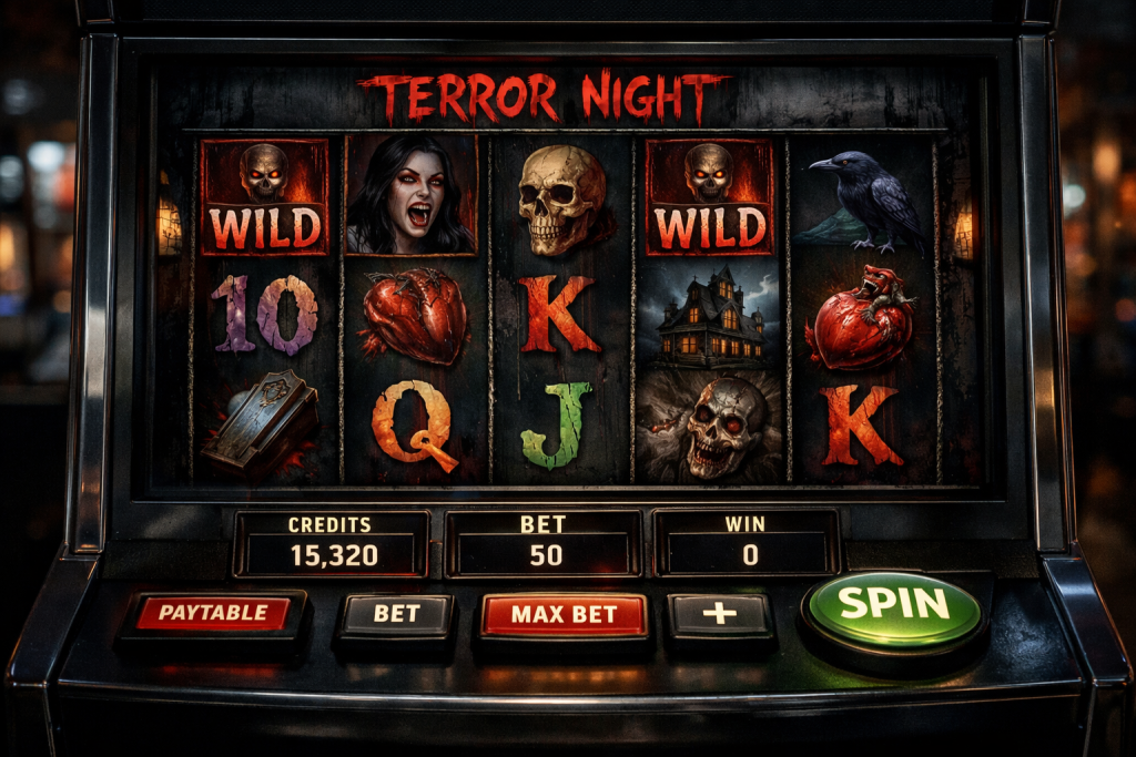 Dark casino slot cabinet with a horror themed reel screen, bet controls, and a paytable button visible under low lighting.