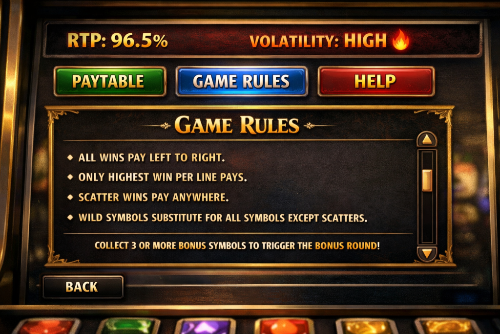 Close view of a slot game info panel showing RTP disclosure, volatility or risk label, and game rules menu on a casino machine screen.