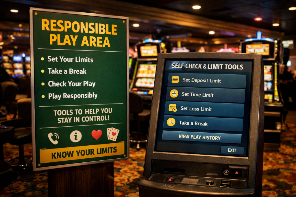 Casino responsible play area sign and a nearby kiosk screen for self check or limit tools, photographed beside slot machines in venue lighting.