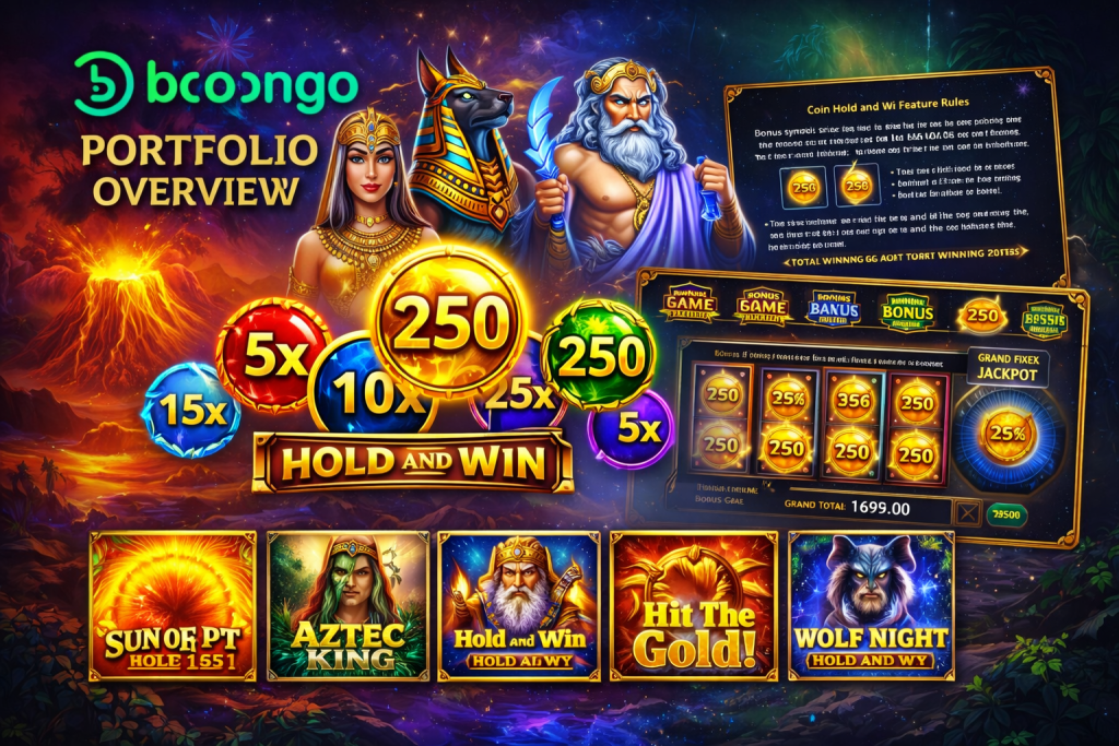 Booongo portfolio explainer image depicting multiple slot themes, Hold and Win style coin symbols, and rules screen highlights.