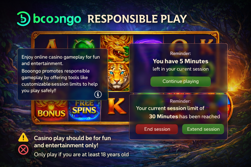 Booongo responsible play section image with a clean slot UI background, session limit reminders, and informational casino gameplay context.