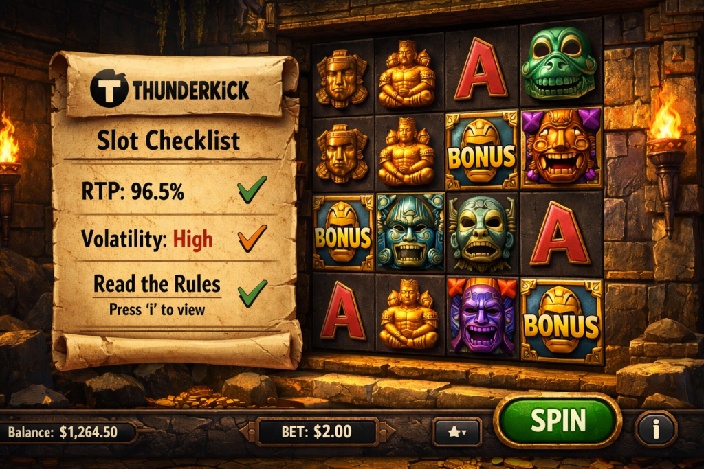 Thunderkick slots checklist showing RTP, volatility, and rules and input the logo of Thunderkick