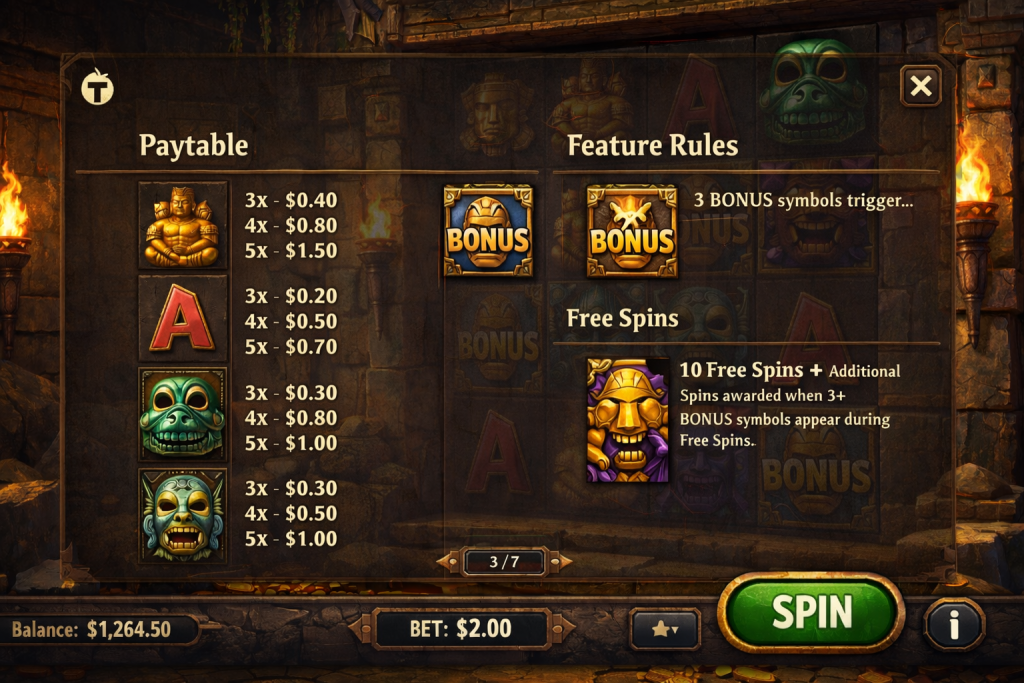 Thunderkick slot game info screen showing paytable and feature rules layout