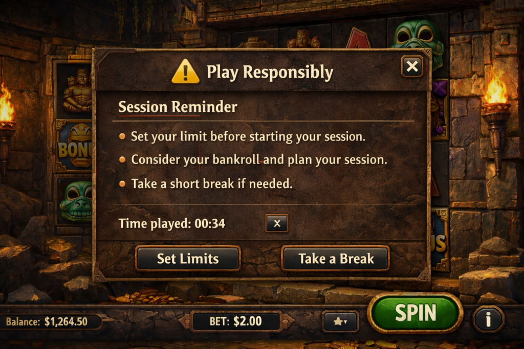 Responsible gambling reminder for slot sessions, limits, and break planning