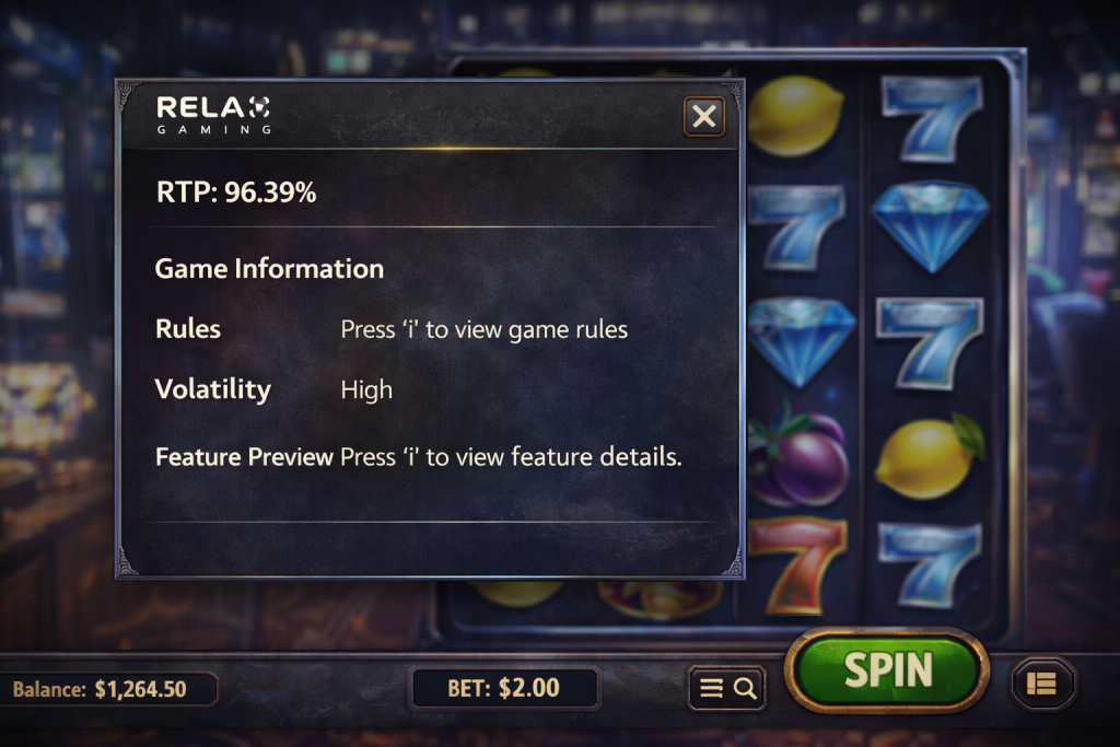 Relax Gaming slots interface showing RTP and game information