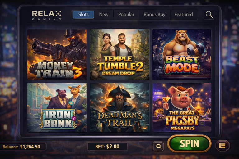 Relax Gaming game selection screen showing slot thumbnails, provider name, and category filters