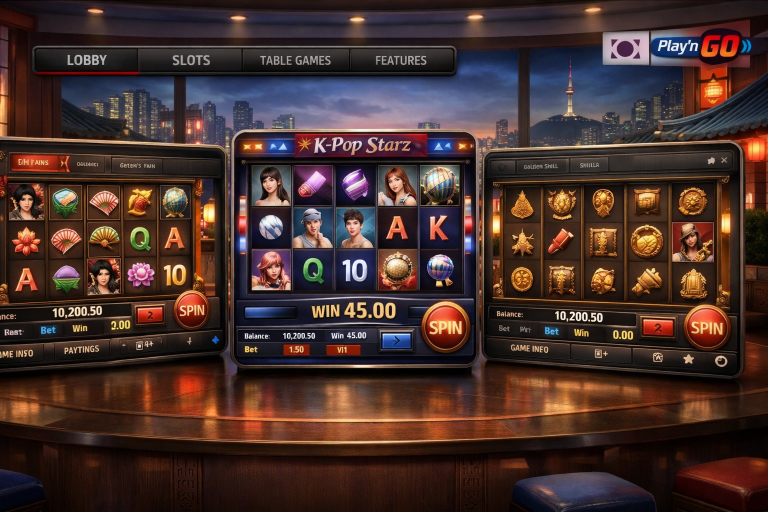 Play'n GO provider overview, South Korea themed casino education, slot interface collage, neutral tone, clean layout.