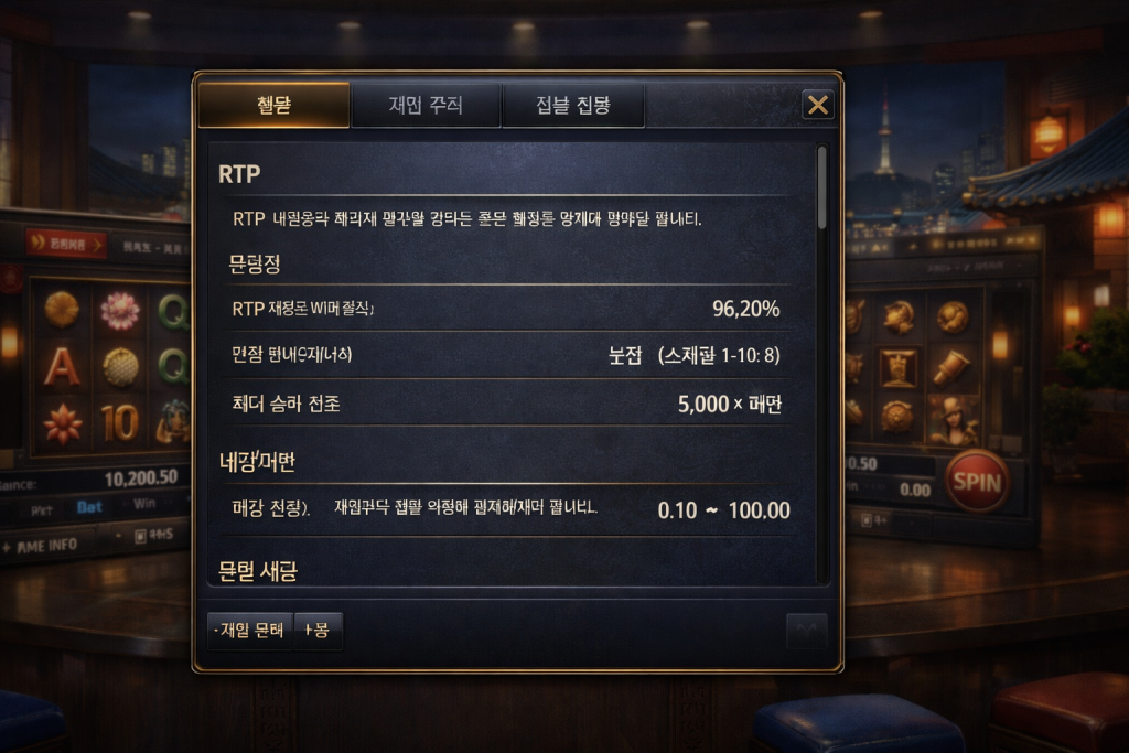 Play'n GO rules screen reading, player verifying RTP, volatility, and caps, Korean interface, calm.
