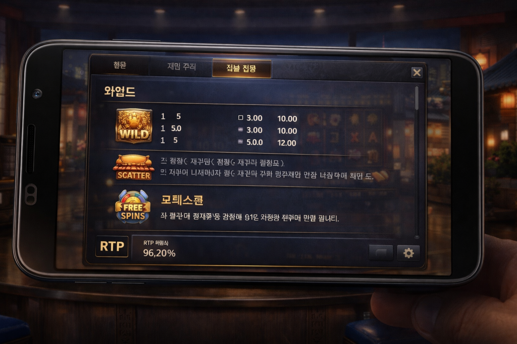 Play'n GO paytable close-up, feature labels and RTP disclosure highlighted, mobile screen, South Korea.