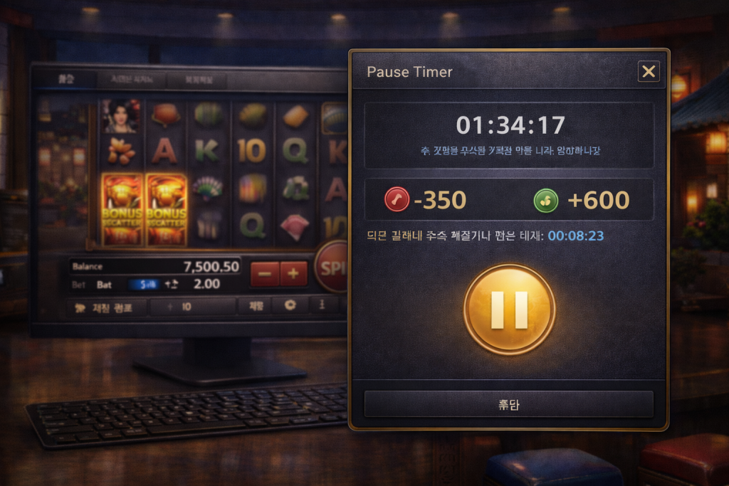Pragmatic Play responsible gambling concept, timer and budget tokens, calm pause icon, South Korea setting.