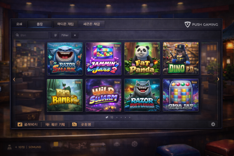 Push Gaming provider overview cover, clean casino lobby interface, slots icons, South Korea context, neutral tone.