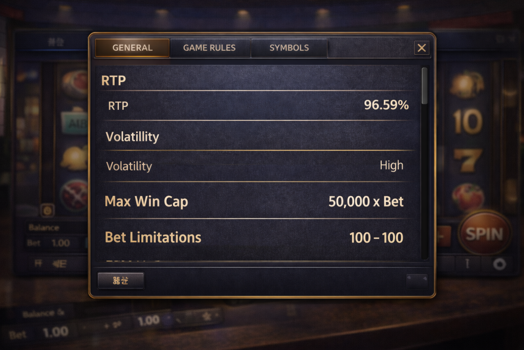 Push Gaming rules screen close-up, RTP line visible, volatility hint, caps section, South Korea focus.