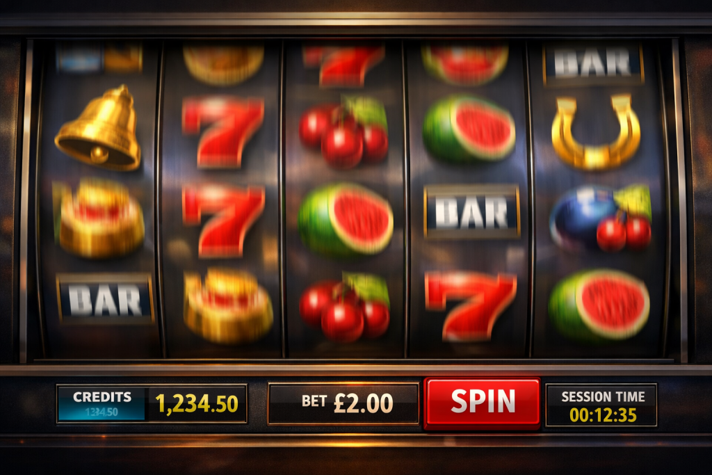 Slot reels mid spin with credit meter, stake value, and session time indicator visible, showing typical online style UI without promos.