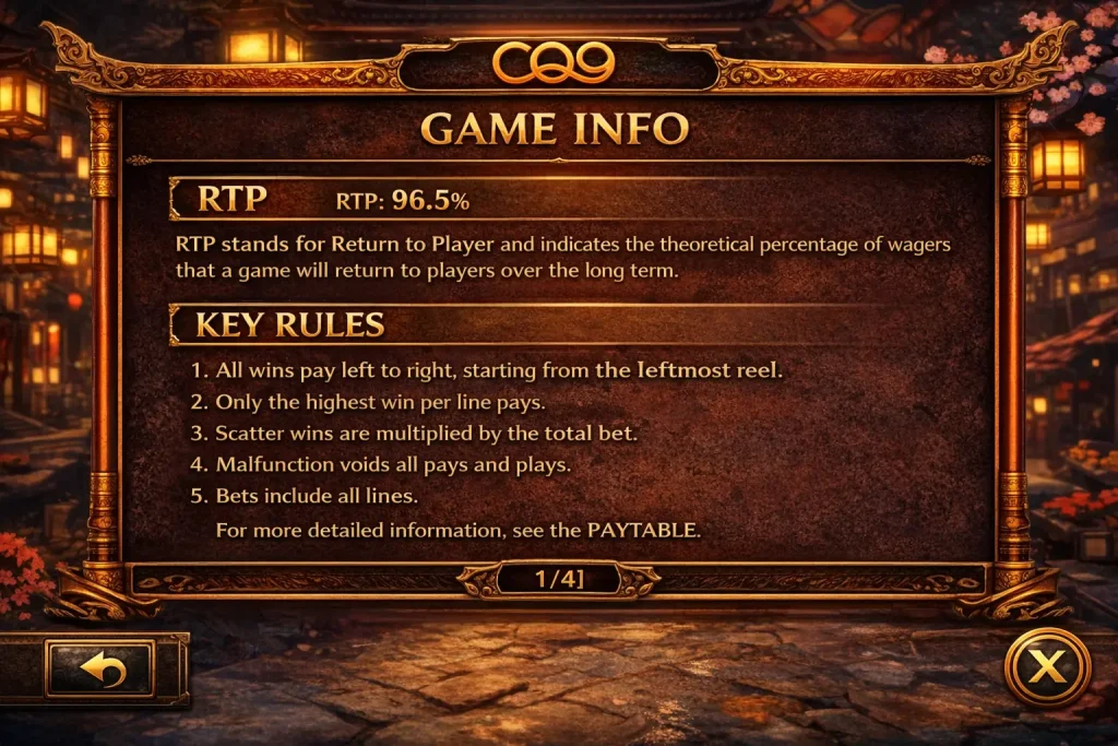 CQ9 game info screen showing RTP wording and key rules