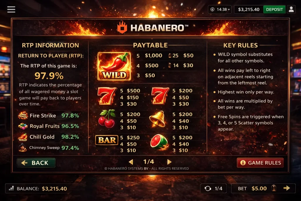 Habanero slot information screen showing RTP wording, paytable, and key rules