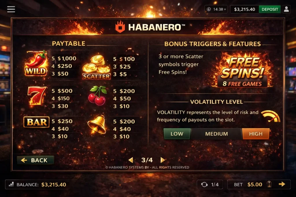 Habanero paytable and feature labels explaining bonus triggers and volatility indicators