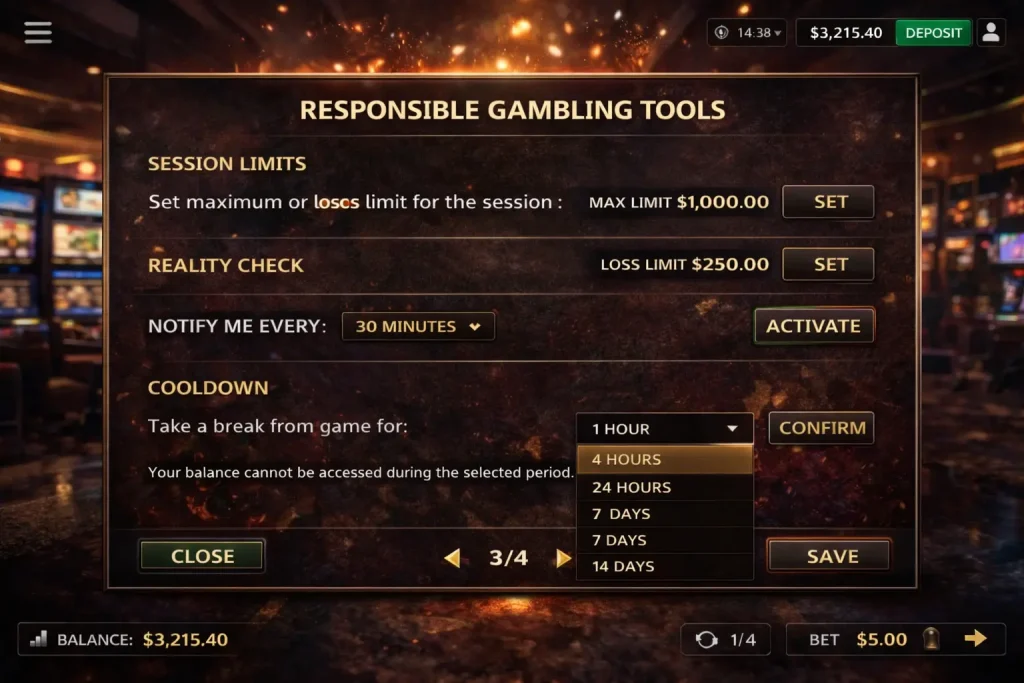 Responsible gambling tools showing session limits, reality checks, and cooldown options