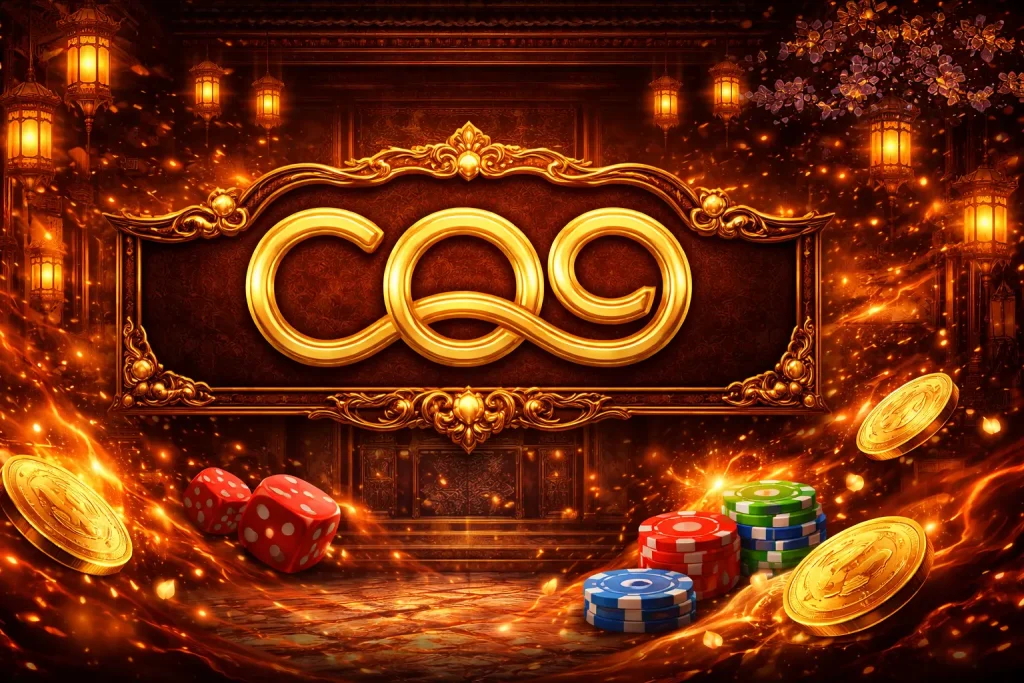 CQ9 slot game featured image with an ornate gold logo on a dark, fiery casino-themed background.